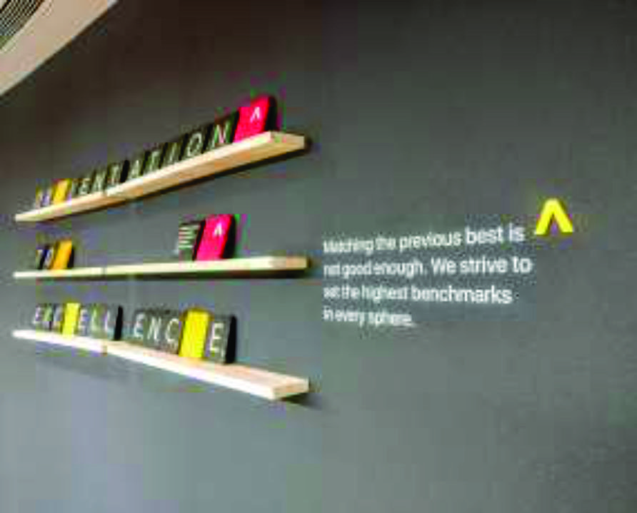 Avendus Capital BKC — Scrabble-tile values wall, 3D installations